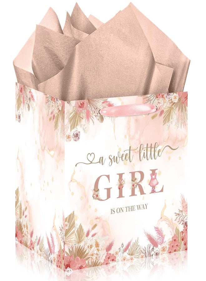 Woosytoo Large Boho Baby Girl Gift Bag, Baby Shower Square Gift Bag Pink Floral Jumbo Gifts Bag with Tissue Paper A Sweet Little Girl is on The Way Wrapping Paper Bag for Baby Shower Gender Reveal Party Favors - Image 1